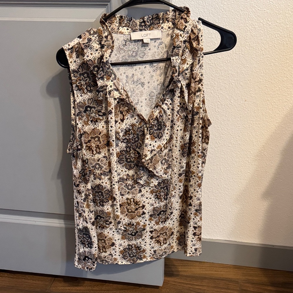 LOFT Floral Ruffle V-Neck Sleeveless Top in Beige and Brown